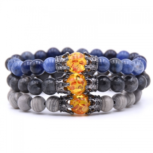 Natural 10mm Amber Stone Pave CZ Double Crown Charm Bracelet Gift for Women Men