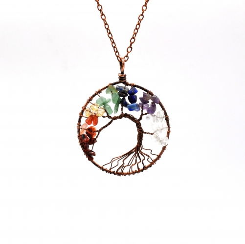 7 Chakra Chip Stone Bronze Color Tree Pendant Necklace