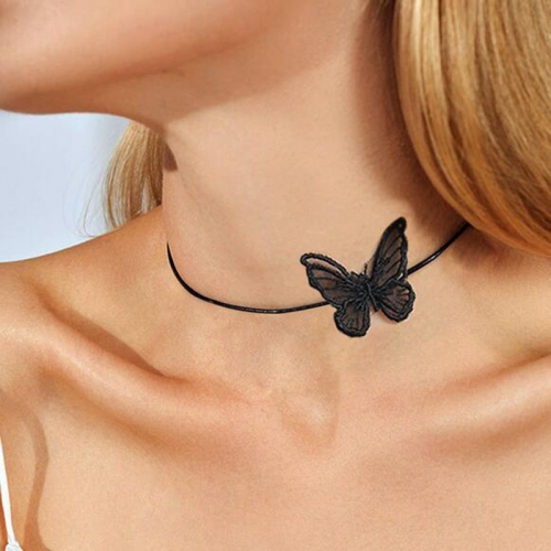 Black White Lace Butterfly Choker Cup Short Pendant Necklace for Girls Women