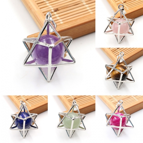 Fashion Eight Pointed Star Pendant Necklace Gold Color 3D Geometry Star with Natural Stone Necklace for Women Girls