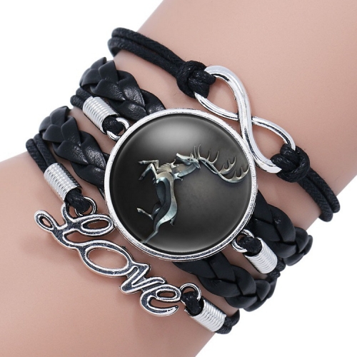 Game of Thrones Stark Wolf Glass Domed Logo Braided Leather Bracelet