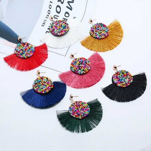 Colorful Masaic beads Waterdrop Fan Tassel Thread Stud Bohemian Earrings