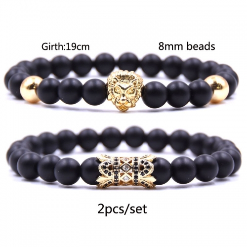 Beads Bracelet Set for Men,Crown Lion Head Matte ONyx Charm Handmade Jewelry-8mm Beaded Bracelet