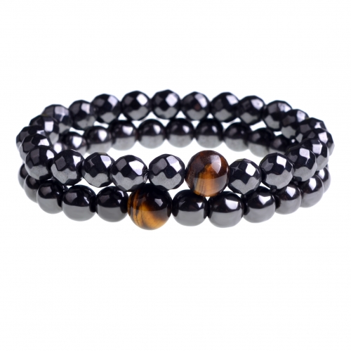 10mm Tiger Eye and 8mm Magnetic Hematite Faceted Black Beads Gem Stretch Therapy Bracelet
