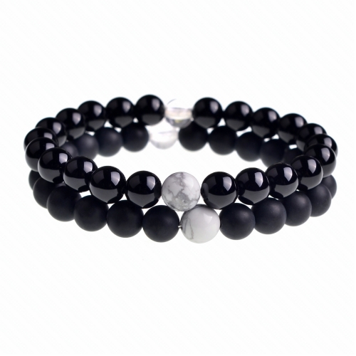 Handmade Gem Unisex Howlite and Black Onyx Beads Stretch Bracelets