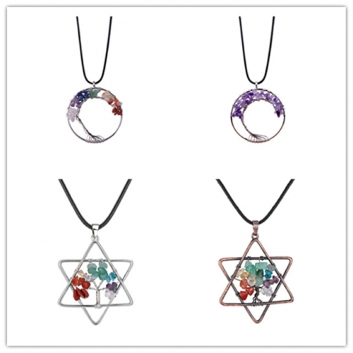 Natural crystal five-pointed star seven-color chakra tree of life pendant jewelry for women  men