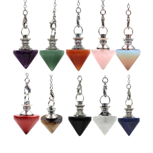 Natural Gemstone Healing Crystal Pendulum for Dowsing Divination Pointed Cone Reiki Chakra Quartz Stone Pendulum Pendant with Chain
