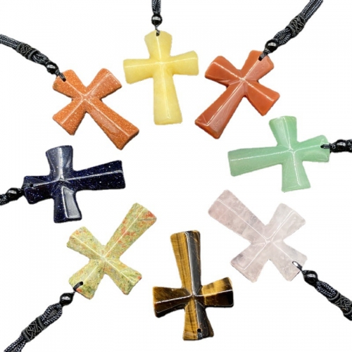 Hand Carved Gemstone Cross Pendant Necklace for Men & Women with Adjustable Rope Jewelry