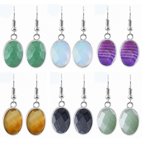 Women Faceted Oval Gemstone Earrings Healing Chakra Crystal Spiritual Energy Reiki Balancing Faceted Stone Ear Jewelry