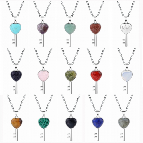 Women Gemstone Heat Key Pendant Necklace  with 45CM Silver Chain Key Crystal Necklace Choker Accessories Earrings
