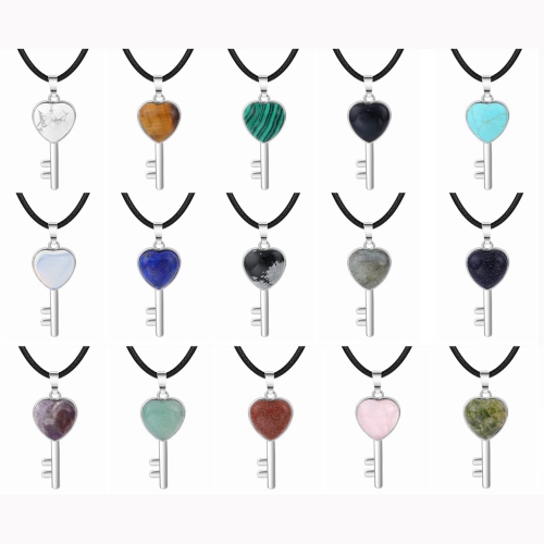 Women Gemstone Heat Key Pendant Necklace  with 45CM Black Leather Cord Silver Key Crystal Necklace Choker Accessories Earrings
