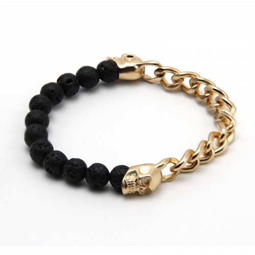 18k Gold Curb Chain Link Bracelet In Stainless Steel Black Lava Stone And Skull Bead Elastic Bracelet Wholesale Beading Bracelets