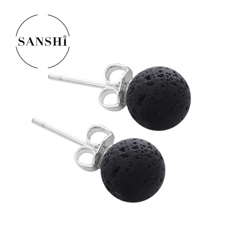 Fashion Punk Rock Essential Oil Diffuser Round Ball Earrings Studs Natural Black Lava Stones Stud Earring