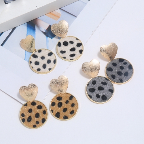 Wholesale Imitation Horsehair Leopard Print Leather Patch Earring Alloy Gold Heart Earrings 3 Colors Options