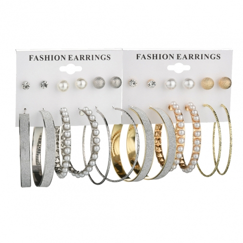 Fashion Exaggerated Pearl Large Ring Earrings 6 Pairs of Plate Frosted Diamond Earrings Set