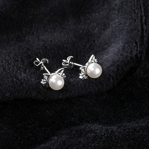 Cute Cat Earrings Freshwater Pearl Earrings Sterling Silver Stud Earrings for Women Gift