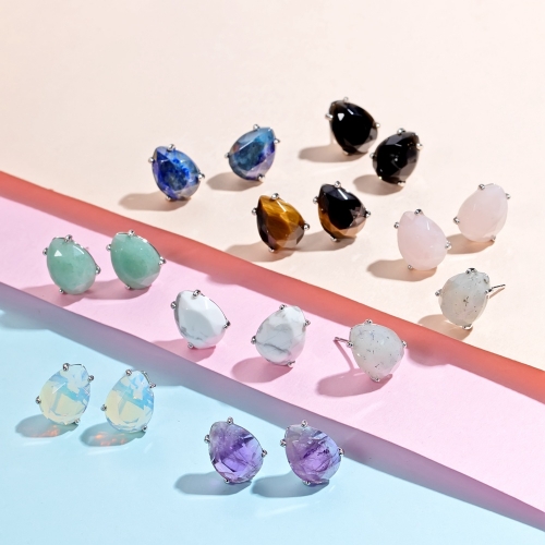 Natural Stone Crystal Earrings Jewelry Water Drop Cut Amethyst Tiger Eye Green Aventurine Earrings