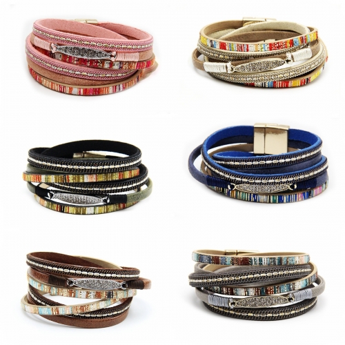Multilayer Leather Wrap Bracelet for Women Girl Wristbands Boho Wide Braided Straps Bangle Bracelet Magnetic Clasp