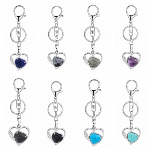 Wholesales Silver Key Chain Accessories Keys Natural Healing Crystal Hollow Heart Stone Keychain for Bag Car key Rings