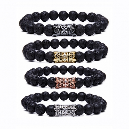 Natural Lava Rock Stone Bracelets 8MM CZ King Crown Charm Bracelet for Men Women Essential Oil Diffuser Distance Bangle