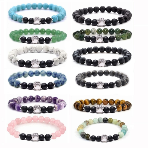 1 Pc Natural Round Gemstone Beads Bracelet Stretch Elastic Bracelets with Black Beads for Women Men