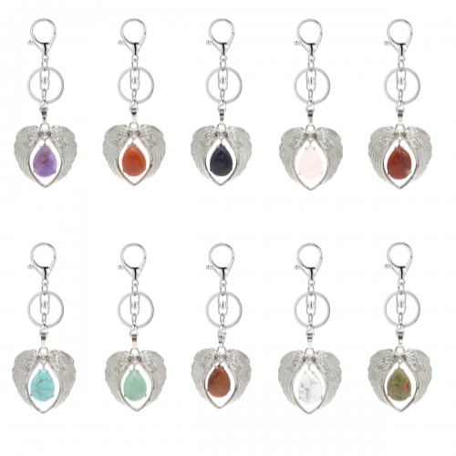 1 Pc Angel Wings Embracing Water Drop Stone Pendant Keychain Charms Healing Natural Crystal Silver Alloy Keyring